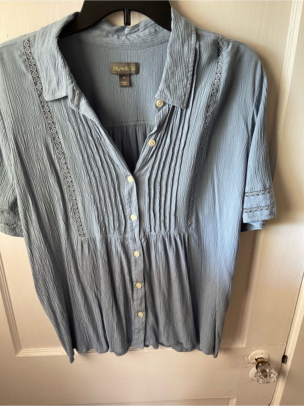 Women’s XL Style & Co. Pale Blue Pintuck & Lace Button-Front Blouse